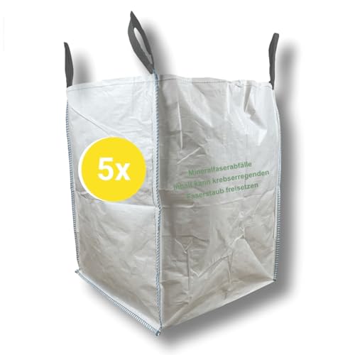 dm-folien Big Bag Mineralwolle 90x90x120cm I 5 Stück I SWL 500 kg I Mineralwolle Sack mit 2 Hebeschlaufen & Schürze I KMF Big Bag Säcke mit 970 Liter Fassungsvermögen I stabil & beschichtet von dm-folien gmbh