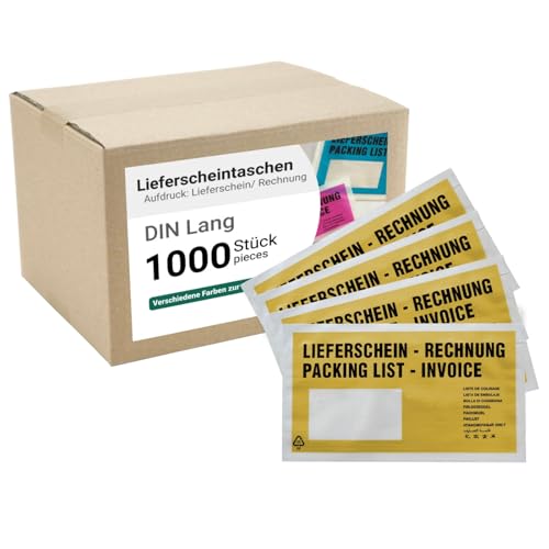 dm-folien Lieferscheintaschen DIN LANG I 1000 Stück I Selbstklebende Versandtaschen mit Aufdruck I Gold-transparentes Paketzubehör für Lieferscheine & Rechnungen I Versandzubehör aus PP von dm-folien gmbh