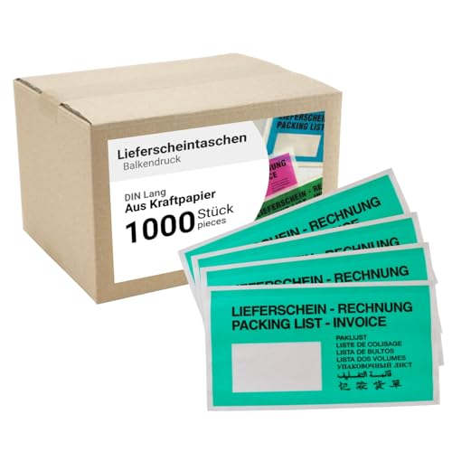 dm-folien Lieferscheintaschen DIN LANG I 1000 Stück I Selbstklebende Versandtaschen mit Aufdruck I Grünes Paketzubehör für Lieferscheine & Rechnungen I Versandzubehör aus Kraft-Papier von dm-folien gmbh