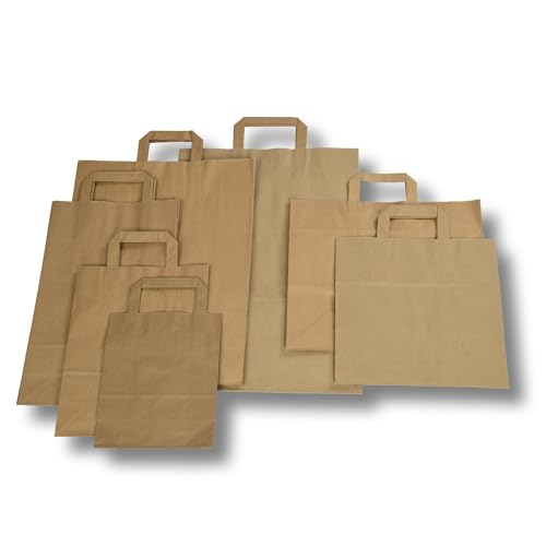 dm-folien gmbh 250 Stück Papiertragetaschen | verschiedene Größen, 80 g/m² | braune Papiertasche Tragetaschen Kartoffeln Papiertüten mit Flachhenkel | braun Kraftpapiertüten (22 + 10 x 28 cm) von dm-folien gmbh
