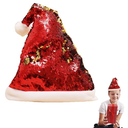 dmqdu Glänzende Weihnachtsmannmütze, Weihnachtsmannhut mit Pailletten, Weihnachtsmannmützen mit doppelseitigen wendbaren Pailletten, glitzernde Paillettenhüte, Weihnachtsmütze von dmqdu