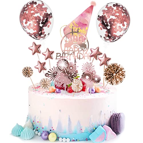 DKBT Tortendeko Geburtstag 15 Stück Happy Birthday Dekoration Kuchendeko Geburtstagstorte Cake Topper Geburtstag Geburtstagsfeier Hüte Konfetti Luftballon Sterne Papierfächer Feuerwerk- Roségold von DKBT