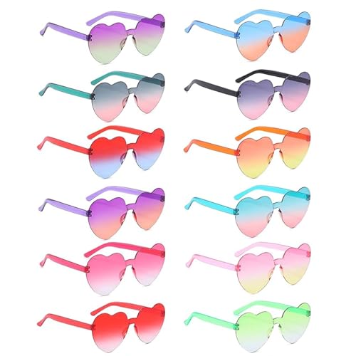 12 Stück Herz Sonnenbrille, Herz Party Brillen, Lustige Partybrillen, Randlose Hippie Herzförmige Brille, Retro Transparent Randlose Herzbrillen für Herren Damen Party Kostümzubehör(12 Farben) von dogmoon