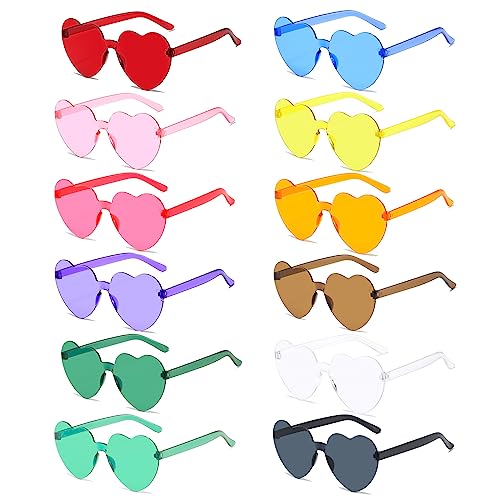 Herz Party Brillen, 12 Stück Herz Sonnenbrille, Lustige Partybrillen, Randlose Hippie Herzförmige Brille, Retro Transparent Randlose Herzbrillen für Herren Damen Party Kostümzubehör(12 Farben) von dogmoon