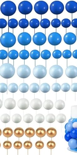 Kugel-Kuchenaufsatz, runde Kugel-Kuchenaufsätze, Mini-Ballon-Kuchenaufsätze, Kuchendekorationen für selbstgemachte Hochzeitsparty, Geburtstag, Kuchendekoration (Blau, Weiß, Gold), 108 Stück von dogmoon