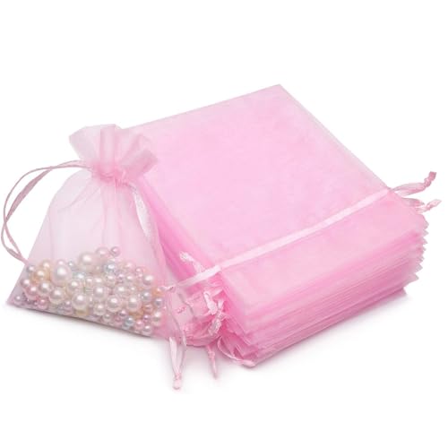 dogmoon Organza Beutel mit Kordelzug, 50 Stück 15 × 20 cm Geschenk Hochzeit Säckchen, Organza Geschenk Schmuckbeutel, Organza Schmuckbeutel, Hochzeit Bonbonsbeutel für Hochzeit Oder Fest Party(Rosa) von dogmoon