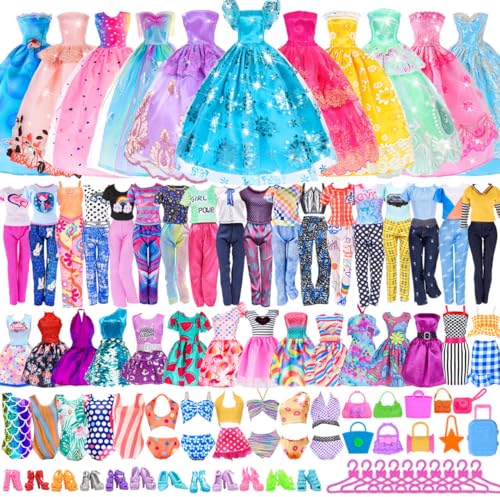 Das 49-teilige 29,2 cm große Puppen-Kleidungs- und Zubehör-Set beinhaltet 3 lange Hochzeitskleider, 4 Tops, 4 Hosen, 3 Bikinis, 5 modische Kleider, 10 Schuhe, 10 Handtasche, 10 Kleiderbügel (ohne von dollbie
