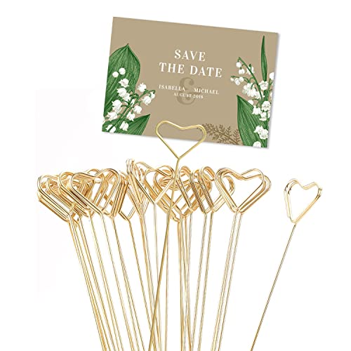 dordol 30 Stück Tischkartenhalter aus Metalldraht, Blumen Plektren Clips Goldener Basteldraht Ringschlaufe Fotoklammer Memo für Tafelaufsätze Hochzeit Party (Heart Shape) von dordol