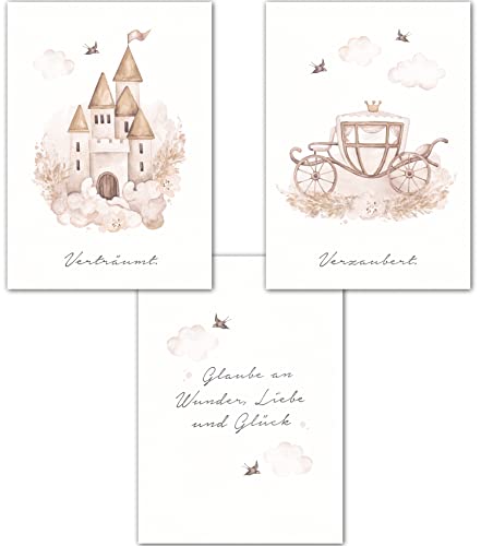 double critical Lemmami Papeterie 3er Set Boho Deko Wandbilder Kinderzimmer Babyzimmer Poster Bilder Mädchen Jungen (Märchen Schloß Kutsche Pinzessin) von double critical
