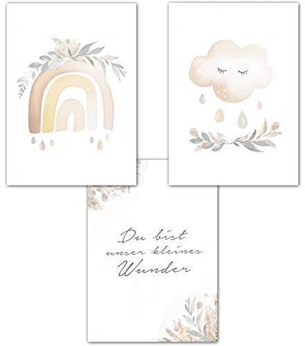 Lemmami Papeterie 3er Set Wandbilder Kinderzimmer Babyzimmer Poster Bilder DIN A4 Mädchen Junge Boho Deko Dekoration Kinderzimmer Boho Regenbogen Wolke (3er Bilder Set Rosa) Pastell, Wanddeko) von double critical