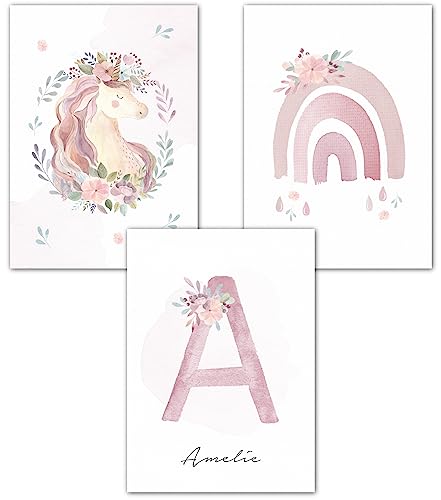 double critical Wandbilder Kinderzimmer Poster 3er Set Name personalisiert Bild Babyzimmer Einhorn Poster Mädchen Wanddeko A4 A3 Rosa Beige von double critical