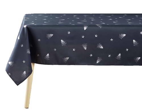 Douceur d'Intérieur Sapin Tischdecke, rechteckig (150 x 240 cm), Marineblau/Silber, metallisch bedrucktes Polyester von Douceur d'Intérieur