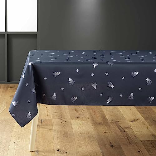 Douceur d'Intérieur Sapin Tischdecke, rechteckig (150 x 300 cm), Marineblau/Silber, metallisch bedrucktes Polyester von Douceur d'Intérieur