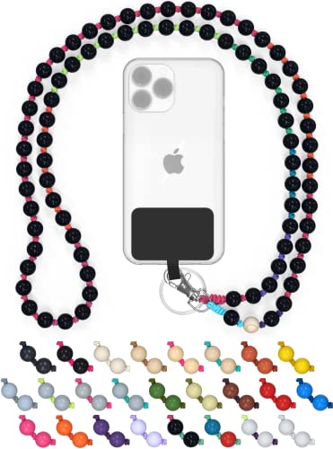 DROPLETSY Holzperlen Handykette universal, Schlüsselband, Kette, Necklace zum Umhängen - kompatibel mit allen Smartphones: Apple iPhone, Samsung Galaxy (ohne Hülle, BlackRainbow) von drop letsy