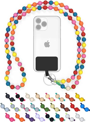 DROPLETSY Holzperlen Handykette universal, handgefertigt, Schlüsselband, Kette, Necklace zum Umhängen - kompatibel mit allen Smartphones: Apple iPhone, Samsung Galaxy (ohne Hülle, TheRainbow) von drop letsy