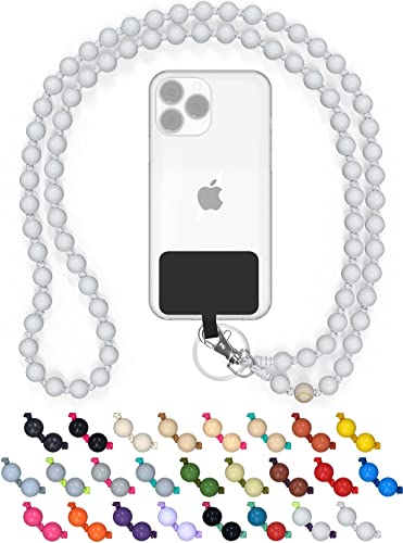 DROPLETSY Holzperlen Handykette universal, handgefertigt, Schlüsselband, Kette, Necklace zum Umhängen - kompatibel mit allen Smartphones: Apple iPhone, Samsung Galaxy (ohne Hülle, WhiteBeach) von drop letsy