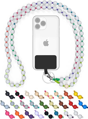 DROPLETSY Holzperlen Handykette universal, handgefertigt, Schlüsselband, Kette, Necklace zum Umhängen - kompatibel mit allen Smartphones: Apple iPhone, Samsung Galaxy (ohne Hülle, WhiteRainbow) von drop letsy