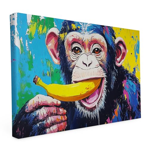 Keilrahmen Lustige Tiere, Wandbild gedruckt auf Künstlerleinwand, hochwertiger Kunstdruck, Stabiler 2cm Holzrahmen mit kratzfestem 280g starkem Canvas - 40L x 60B cm - Affe mit Banane von druck.de