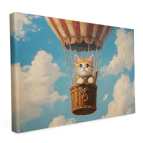 Keilrahmen Lustige Tiere, Wandbild gedruckt auf Künstlerleinwand, hochwertiger Kunstdruck, Stabiler 2cm Holzrahmen mit kratzfestem 280g starkem Canvas - 60L x 90B cm - Die Katze im Ballon von druck.de