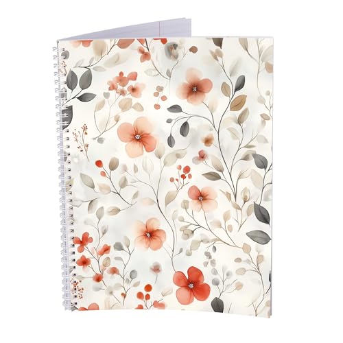 druck.de Collegeblock – 5 Stück – DIN A4 – 80 Blatt – 80g Volumenpapier – gelocht – Spiralbindung weiß – Korrekturrand – perforiert – Spiral Notizblock (Blumenmuster, Kariert) von druck.de