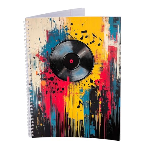 druck.de Collegeblock – 5 Stück – DIN A4 – 80 Blatt – 80g Volumenpapier – gelocht – Spiralbindung weiß – Korrekturrand – perforiert – Spiral Notizblock (Colorsplash Schallplatte, Liniert) von druck.de