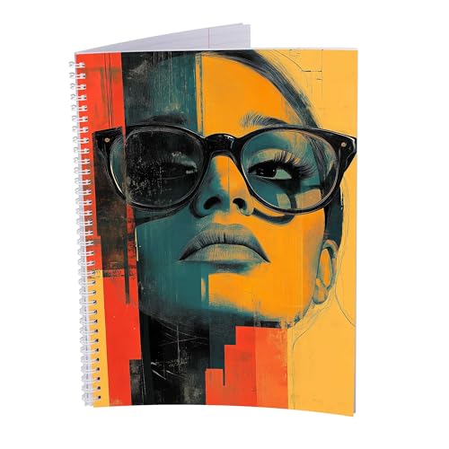 druck.de Collegeblock – 5 Stück – DIN A4 – 80 Blatt – 80g Volumenpapier – gelocht – Spiralbindung weiß – Korrekturrand – perforiert – Spiral Notizblock (Frau mit Brille, Kariert) von druck.de
