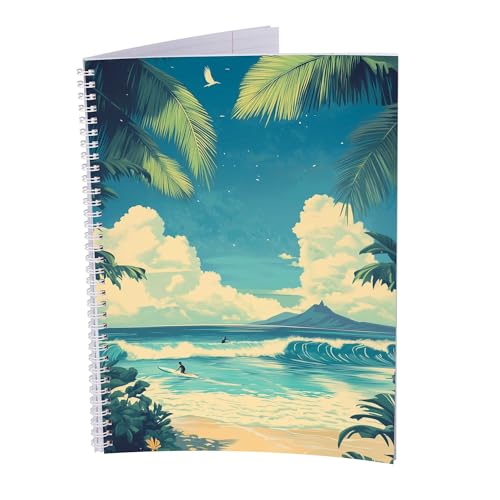 druck.de Collegeblock – 5 Stück – DIN A4 – 80 Blatt – 80g Volumenpapier – gelocht – Spiralbindung weiß – Korrekturrand – perforiert – Spiral Notizblock (Hawaii, Liniert) von druck.de