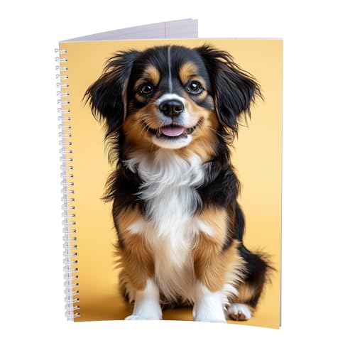 druck.de Collegeblock – 5 Stück – DIN A4 – 80 Blatt – 80g Volumenpapier – gelocht – Spiralbindung weiß – Korrekturrand – perforiert – Spiral Notizblock (Hund, Liniert) von druck.de