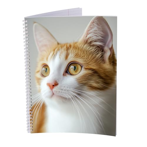 druck.de Collegeblock – 5 Stück – DIN A4 – 80 Blatt – 80g Volumenpapier – gelocht – Spiralbindung weiß – Korrekturrand – perforiert – Spiral Notizblock (Katze, Liniert) von druck.de