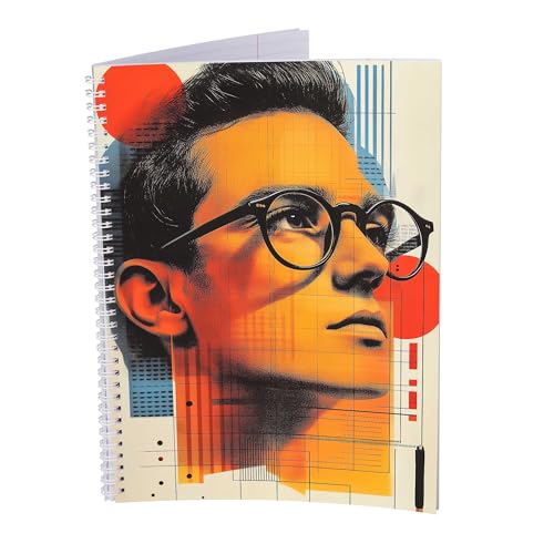 druck.de Collegeblock – 5 Stück – DIN A4 – 80 Blatt – 80g Volumenpapier – gelocht – Spiralbindung weiß – Korrekturrand – perforiert – Spiral Notizblock (Mann mit Brille, Kariert) von druck.de