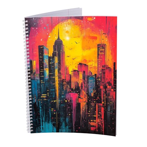 druck.de Collegeblock – 5 Stück – DIN A4 – 80 Blatt – 80g Volumenpapier – gelocht – Spiralbindung weiß – Korrekturrand – perforiert – Spiral Notizblock (Neon Stadt, Liniert) von druck.de