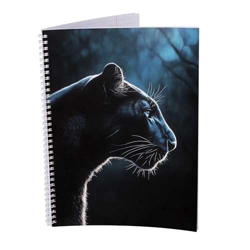 druck.de Collegeblock – 5 Stück – DIN A4 – 80 Blatt – 80g Volumenpapier – gelocht – Spiralbindung weiß – Korrekturrand – perforiert – Spiral Notizblock (Schwarzer Panther, Kariert) von druck.de