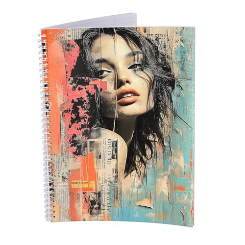 druck.de Collegeblock – 5 Stück – DIN A4 – 80 Blatt – 80g Volumenpapier – gelocht – Spiralbindung weiß – Korrekturrand – perforiert – Spiral Notizblock (Street Art Frau, Liniert) von druck.de