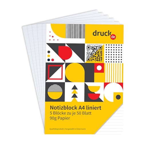druck.de Notizblöcke Set A4 – 5 Blöcke, liniert, 50 Seiten pro Block, hochwertig 90g/m², für Notizen, Skizzen und Aufgabenlisten – Geleimt, stabile Kartonrückseite, ideal für Büro, Schule und Zuhause druck.de Notizblöcke Set A4 – 5 Blöcke, liniert, 50 Seiten pro Block, hochwertig 90g/m², für Notizen, Skizzen und Aufgabenlisten – Geleimt, stabile Kartonrückseite, ideal für Büro, Schule und Zuhause von druck.de