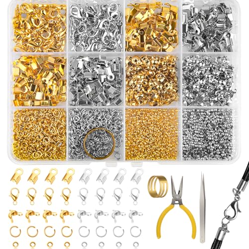 1270 Stück Kettenverschluss Set mit 3 Werkzeugen, Schmuckherstellung Set Karabinerverschluss, Offene Biegeringe, Crimpenden, Verbinder, Fixierperle, Gold Silber Verschlüsse für Halsketten Armband DIY 1270 Stück Kettenverschluss Set mit 3 Werkzeugen, Schmuckherstellung Set Karabinerverschluss, Offene Biegeringe, Crimpenden, Verbinder, Fixierperle, Gold Silber Verschlüsse für Halsketten Armband DIY von dsDAEDK