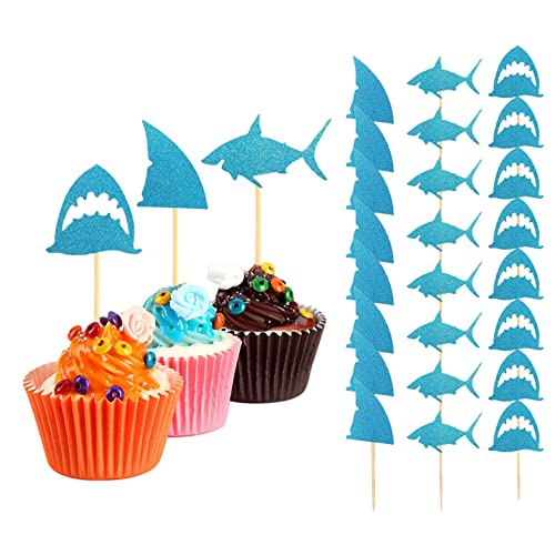 Cake Toppers Haifischkuchen -Topper Glitzer Haifisch Flossen Cupcake Picks Pool Partyzubehör Babyparty Geburtstagsdekorationen Blau 24pcs von dsbdrki