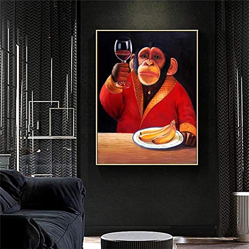 Affe Schimpanse Trinken Wein Rauchen Wandkunst Leinwand Malerei Tierbild Poster und Drucke für Wohnzimmer Wohnkultur 50x70cm Rahmenlos von dsdsgog