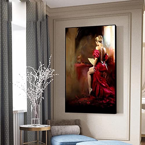 Moderne Sexy Frau Malerei Auf Leinwand Poster und Drucke Rotes Kleid Mädchen Lesen Wandkunst Bild Für Wohnzimmer Wohnkultur 70x100cm Rahmenlos von dsdsgog