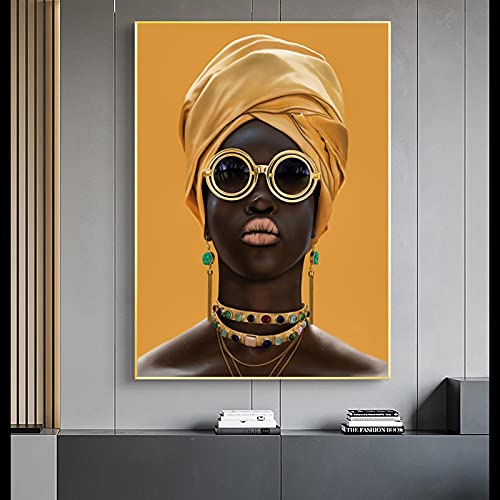 Schwarze Frau mit Sonnenbrille Malerei an der Wand Modernes Dekor Leinwand Wandkunst Bilder Cuadros Gelbe Afrikanische Frau Poster 70x100cm Rahmenlos von dsdsgog