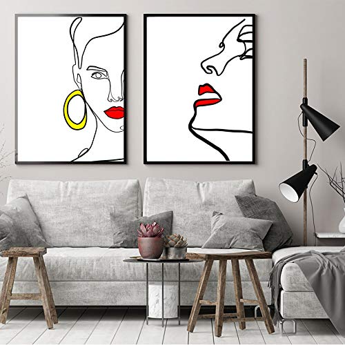 dsdsgog Abstrakte Lady Line Poster und Drucke Nordic Leinwand Malerei Sexy Rote Lippen Wandkunst Abbildung Bilder Wohnzimmer Wohnkultur 30x40cmx2 Rahmenlos von dsdsgog