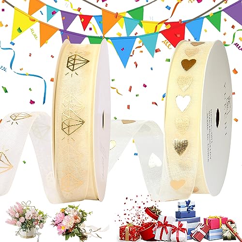 dcas 2 Rollen Geschenkband Gold 9 Meter, Gold Schleifenband Dekoband Liebe Hearts, Organzaband Hochzeit Deko, Glitzer Metallic Dekoband, Herz Bedruckt Satinband Gold (Diamant+Herz) dcas 2 Rollen Geschenkband Gold 9 Meter, Gold Schleifenband Dekoband Liebe Hearts, Organzaband Hochzeit Deko, Glitzer Metallic Dekoband, Herz Bedruckt Satinband Gold (Diamant+Herz) von dcas