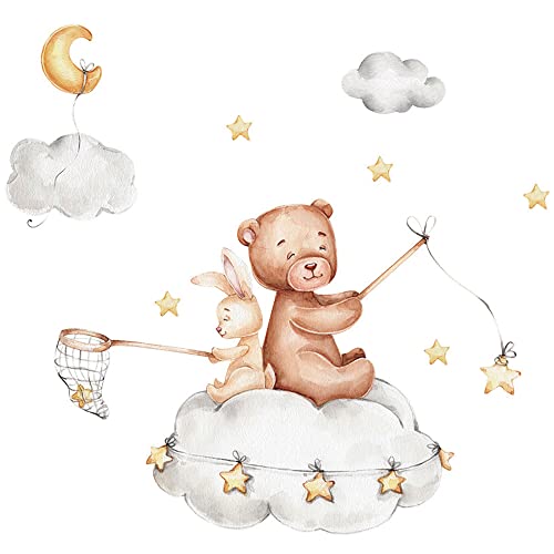 duoyif Wandsticker Bär Hase Wandtattoo Sterne Mond Wolken Kinderzimmer Wanddeko Wandtattoo Kinder Tier Kinderzimmer Wandaufkleber Aquarell Wandtattoos Kinderzimmer Babyzimmer Spielzimmer 60x70cm von duoyif