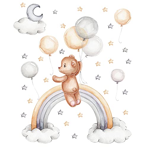 duoyif Wandsticker Teddybär Wandaufkleber Kinderzimmer Wandtattoo Bär Regenbogen Ballon Sternen Mond Wandtattoos Tierische Kinder Wandtattoo Babyzimmer Kinderzimmer Wanddeko von duoyif