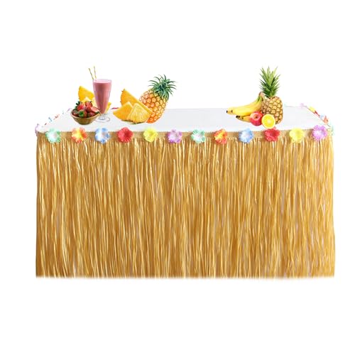 douyif Hawaii Tischröcke Tropischen Hawaiianischer Tischrock Luau Tischröcke Mit Blumen Tischröcke für Hawaiian Tropischen Strand BBQ Sommer Beach Tiki Party Tischdeko (Strohfarbe) von duoyif