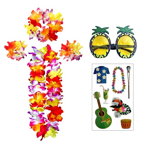 douyif Hawaiian Leis Ketten Girlande Blumen Halskette Blumenkette Hawaii Blumenstirnband Armband Aufkleber Hawaii Party Ananas-Brille für Hawaiian Luau Aloha Beach Party 6Pcs (Farbig) von duoyif