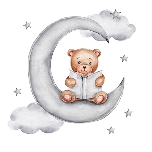 duoyif Wandsticker Teddybär auf dem Mond, Wandtattoo Bär Mond Stern Wandaufkleber, Wandsticker Kinderzimmer Jungen Mädchen, Wandtattoo für Babyzimmer Kinderzimmer Schlafzimmer Tür Wanddeko (B) von duoyif