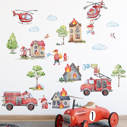 duoyif Wandtattoo Feuerwehrauto Wandsticker Feuer-Thema Wandaufkleber Baum Haus Feuerwehrauto Hubschrauber Feuerwehrmann Tier Wandsticker Kinderzimmer Jungenzimmer Wanddeko (Feuerwehrauto d) von duoyif