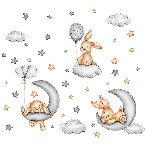 duoyif Wandtattoo Kinderzimmer Wandsticker Hase Mond Sterne Wolken Wandaufkleber Kaninchen Auf Den Wolken Und Dem Mond Wandsticker Kinderzimmer Babyzimmer Schlafzimmer Jungen Mädchen Zimmer Wanddeko von duoyif