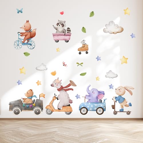 duoyif Wandtattoo Tiere Boho Wandsticker Das Tier fährt Wandaufkleber Bär Elefant Schaf Kaninchen Fuchs Waschbär Wandsticker Wanddeko für Kinderzimmer Babyzimmer Spielzimmer (Tier auto c) von duoyif