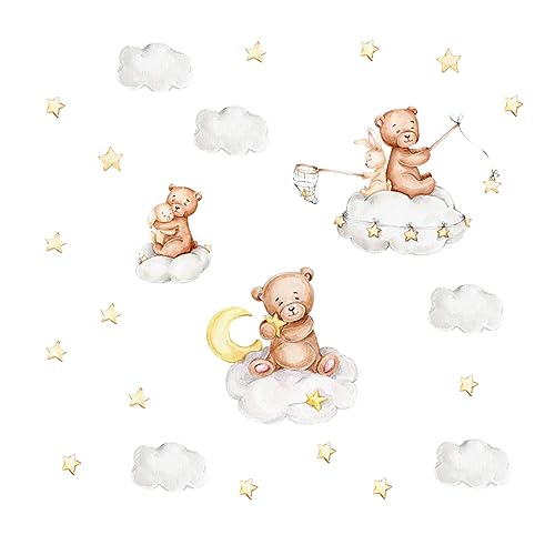 duoyif Wandtattoos Bären Hasen Wandsticker Teddybär Hasen Auf Der Wolke Wandsticker Bär Kaninchen Wolken Sterne Mond Wandaufkleber Kinderzimmer Wandsticker Babyzimmern Schlafzimmer Wanddeko von duoyif